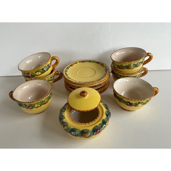 Vtg BITOSSI Italy Della Robbia Coffee Set Cups Saucers Sugar Hand Painted Yellow - Picture 14 of 16